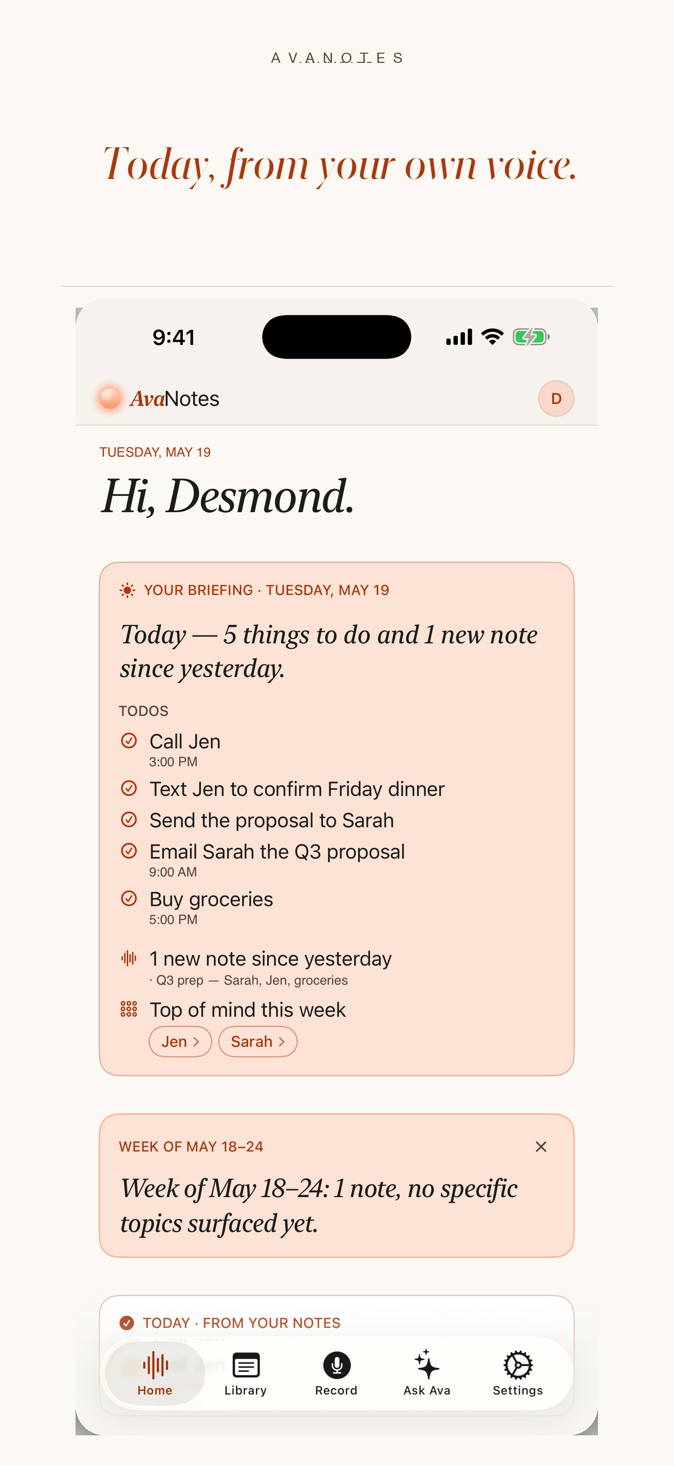 Daily briefing card listing 5 todos with times and a 'people on your mind' section showing Jen and Sarah.