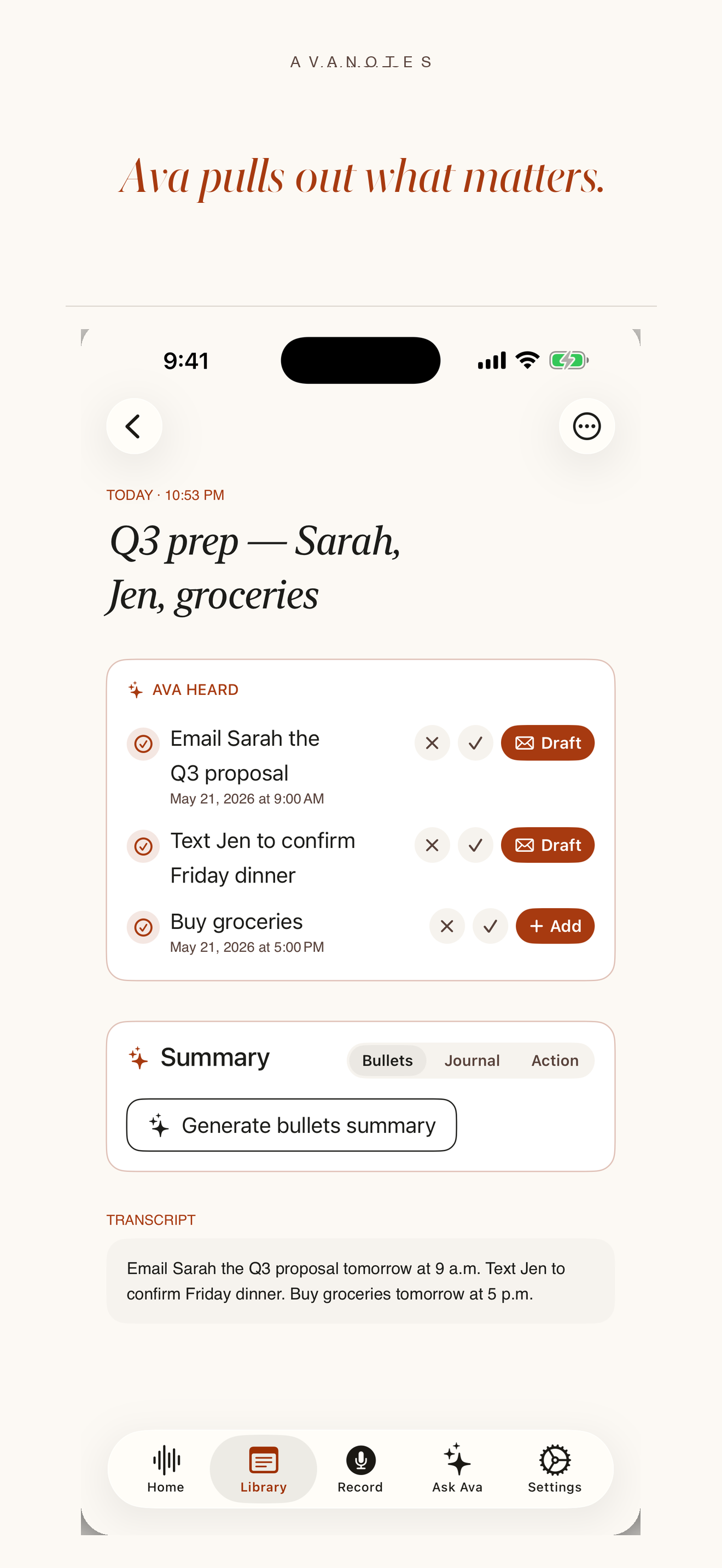 Note detail screen 'Q3 prep — Sarah, Jen, groceries' showing the Ava Heard card with three actionable items: Email Sarah the Q3 proposal, Text Jen to confirm Friday dinner, Buy groceries — each with X, checkmark, and Draft/Add buttons.