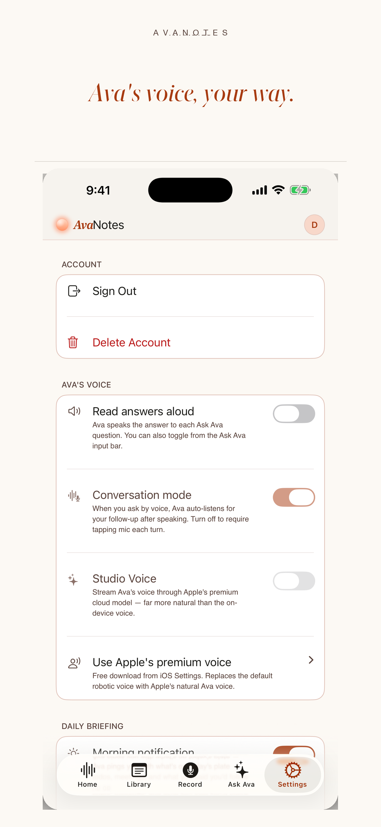 Settings screen showing Ava's Voice section with Read answers aloud (off), Conversation mode (on, peach), Studio Voice (off), and 'Use Apple's premium voice' link — plus a sticky bottom nav with Home, Library, Record, Ask Ava, and Settings tabs.